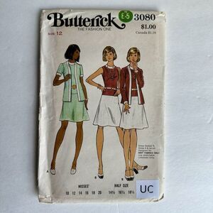 Vintage 70s BUTTERICK 3080 DROP WAIST DRESS CARDIGAN JACKET SEW PATTERN 12 UNCUT
